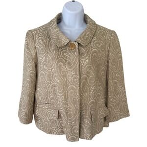 Talbots Womens 14P Gold Metallic Jacquard Evening Blazer Jacket 3/4 Sleeve